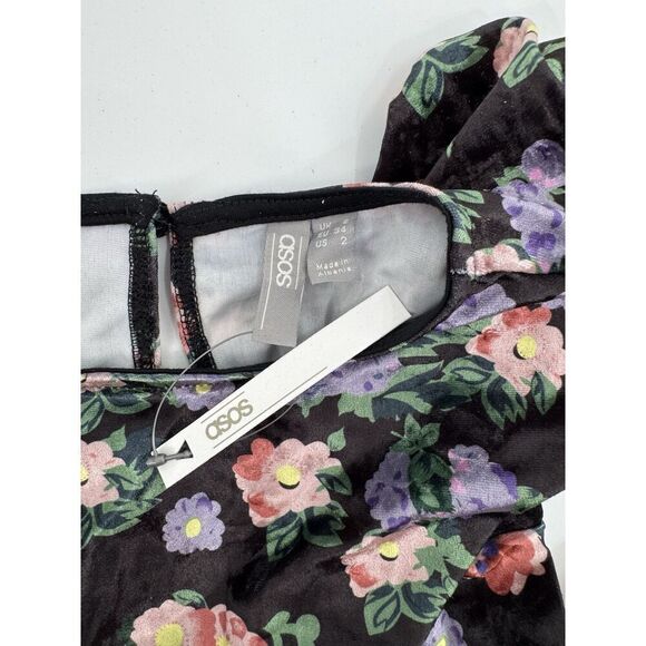 ASOS Maxi Dress Floral Black Velvet Short Sleeve  Keyhole Back Grunge Gown Sz 2 - Picture 10 of 10